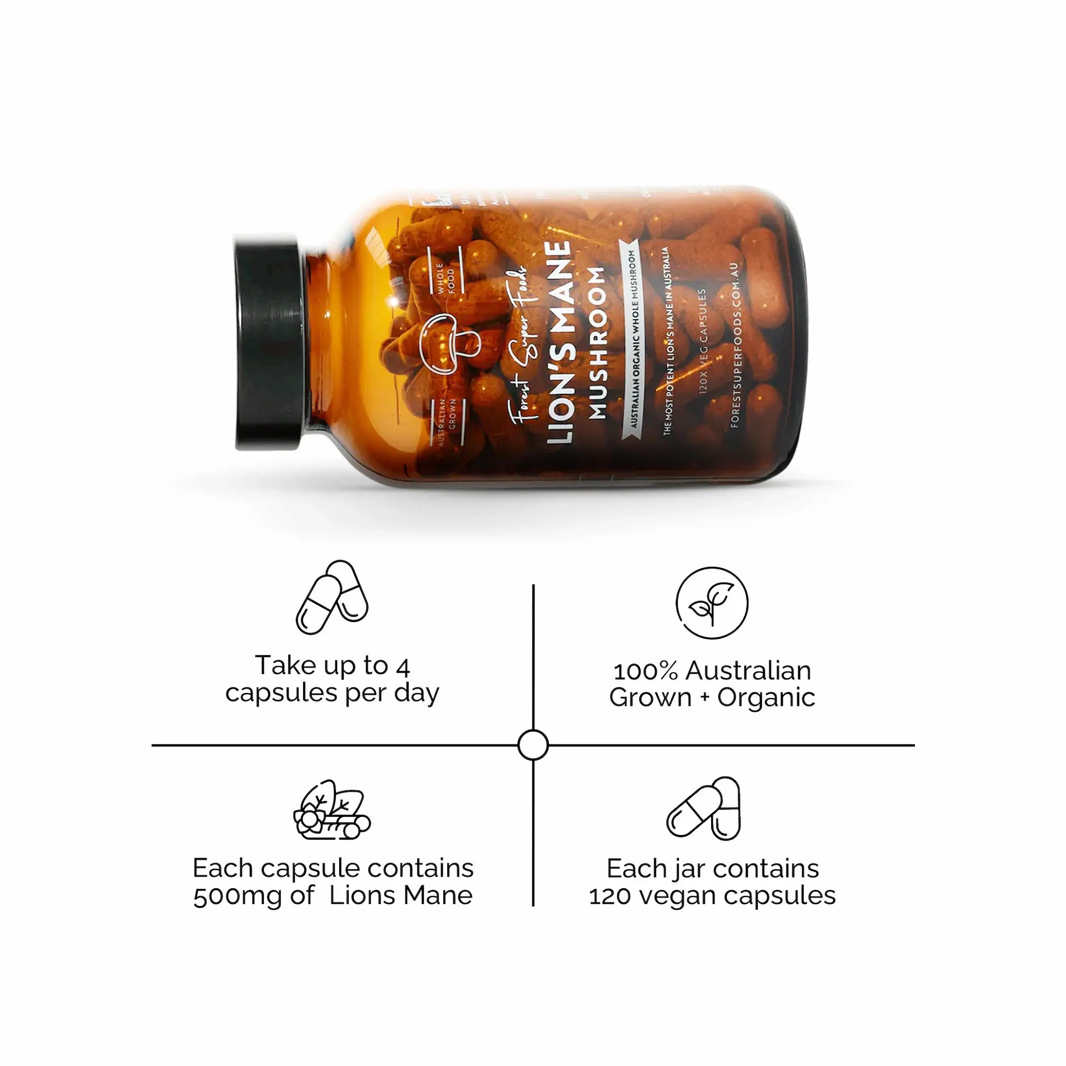 Bottle of Lion's Mane mushroom capsules with product details