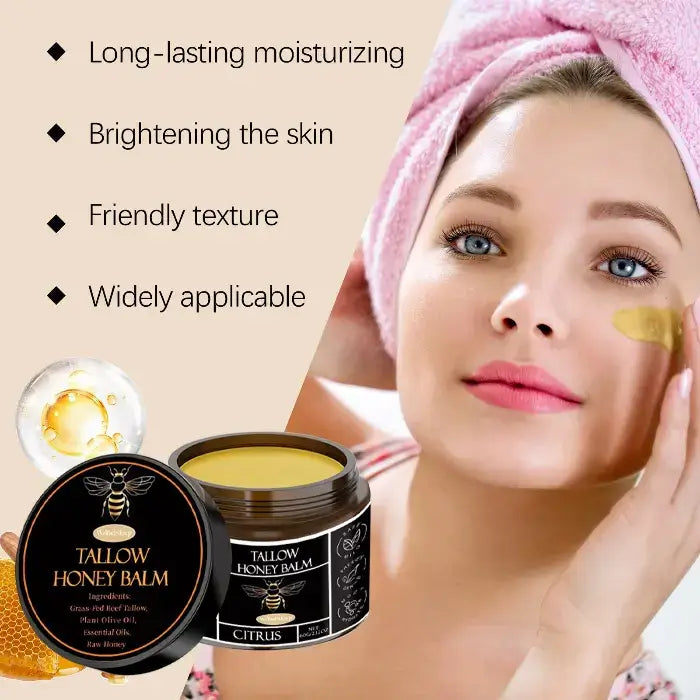 Organic grass-fed beef tallow honey balm for nourishing skin – Available at Ataraxia Attire