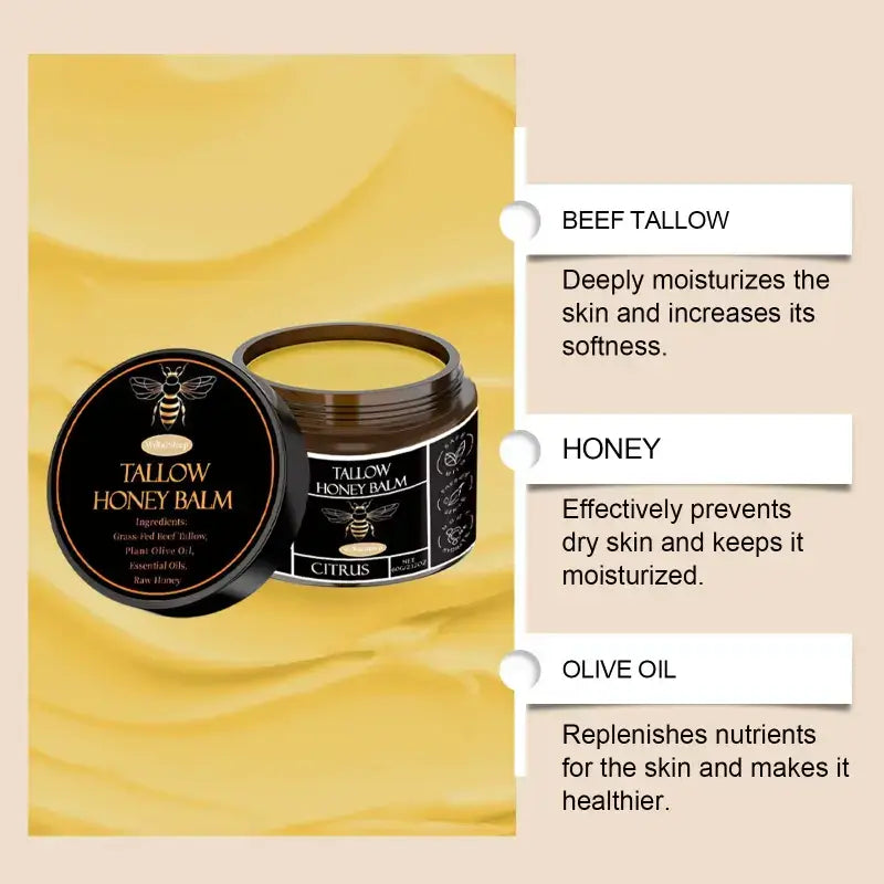 Organic grass-fed beef tallow honey balm for nourishing skin – Available at Ataraxia Attire