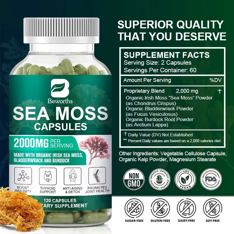 BEWORTHS organic sea moss capsules for immunity and thyroid support - Available at Ataraxia Attire 