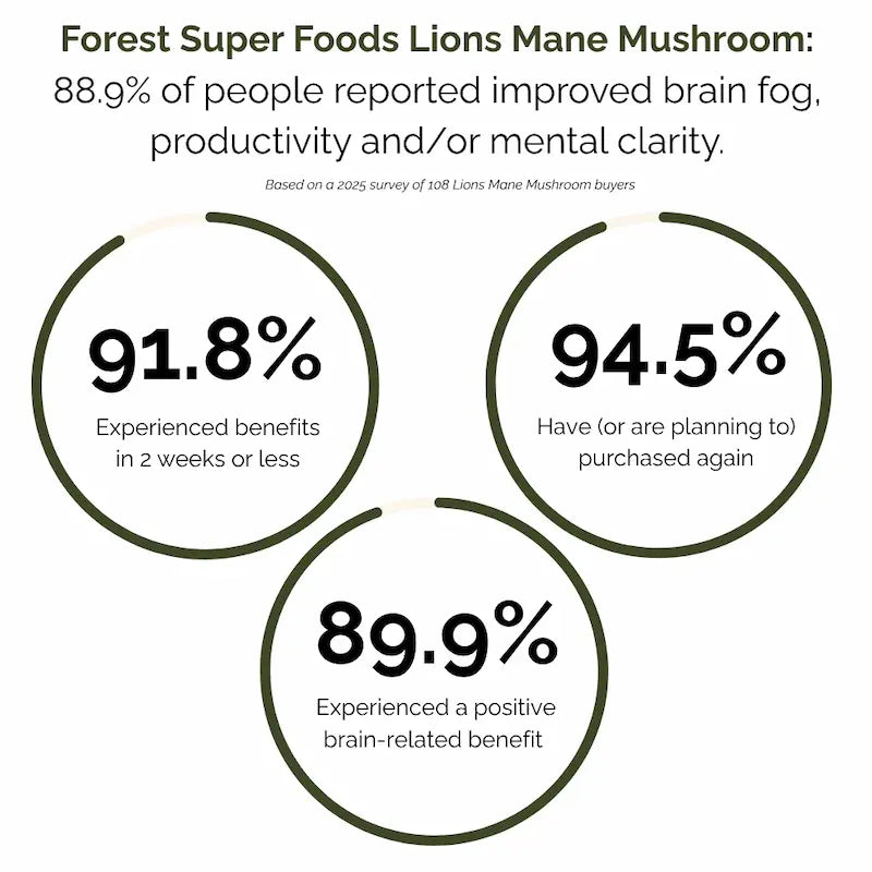 Infographic with benefits of Forest Super Foods Lion’s Mane Mushroom for brain health