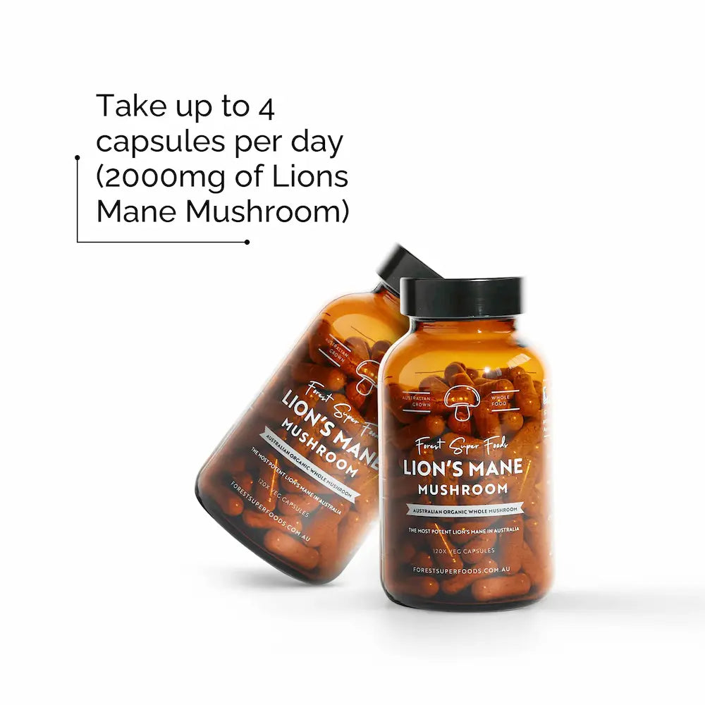 Two bottles of Lion's Mane Mushroom capsules with text 