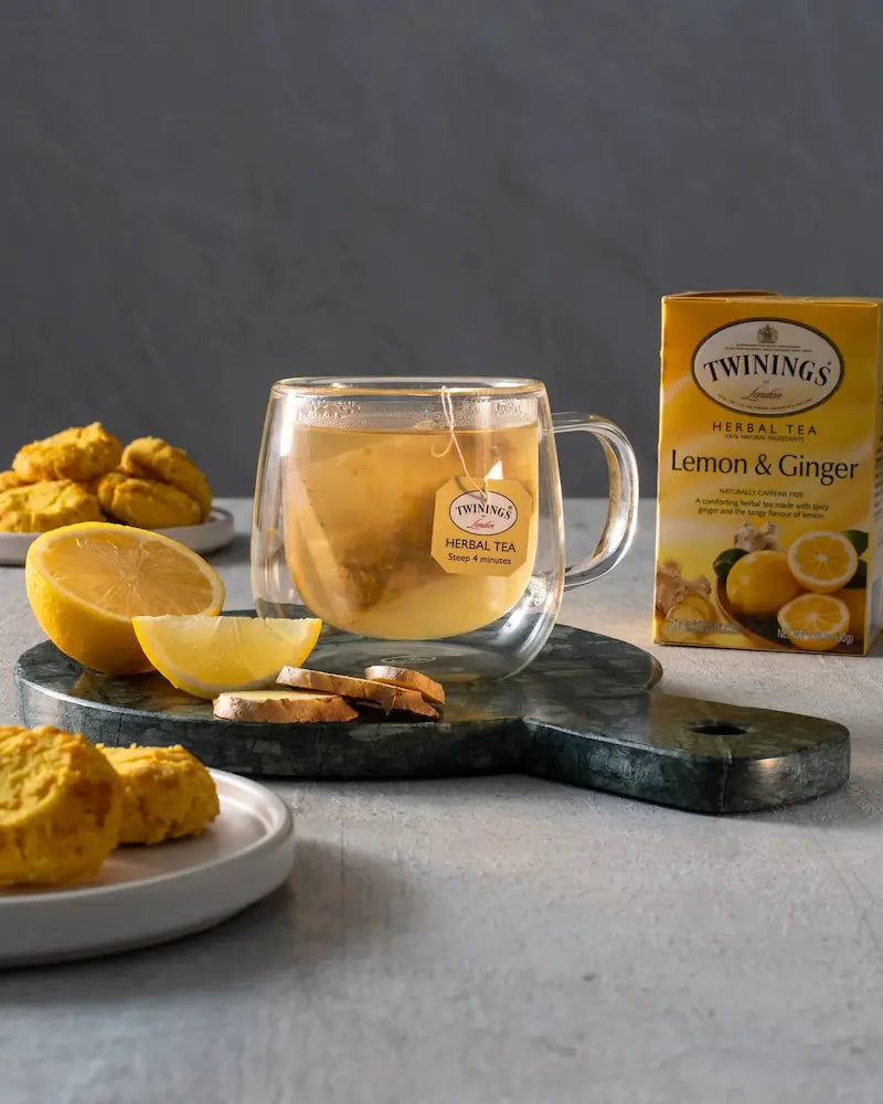 Caffeine-free lemon and ginger tea for soothing digestion – Available at Ataraxia Attire