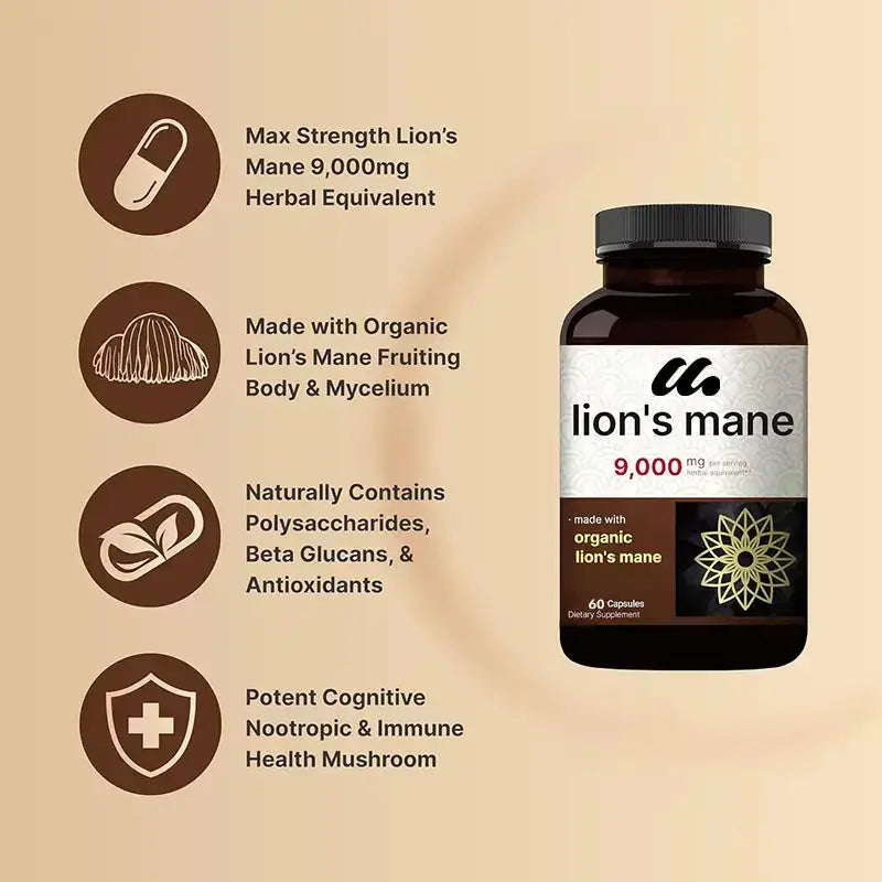 Organic Lion Mane mushroom capsules for cognitive and immune support – Available at Ataraxia Attire